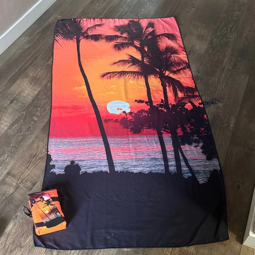 Sunset Beach Microfiber Towel with Palm Tree Design, Reversible, Size 35” x 70”